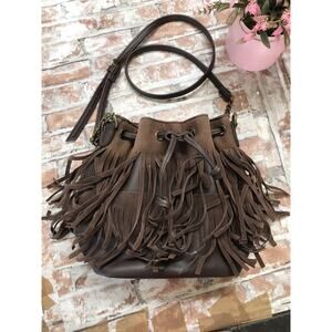 Signature Hippie Brown Leather Blend Fringe Bohemian Crossbody Bucket Bag